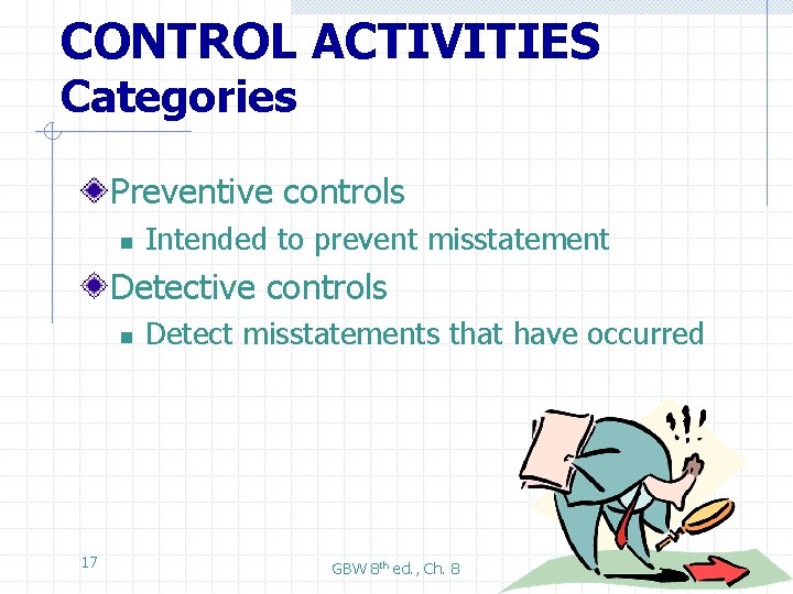 CONTROL ACTIVITIES Categories Preventive controls n Intended to prevent misstatement Detective controls n 17