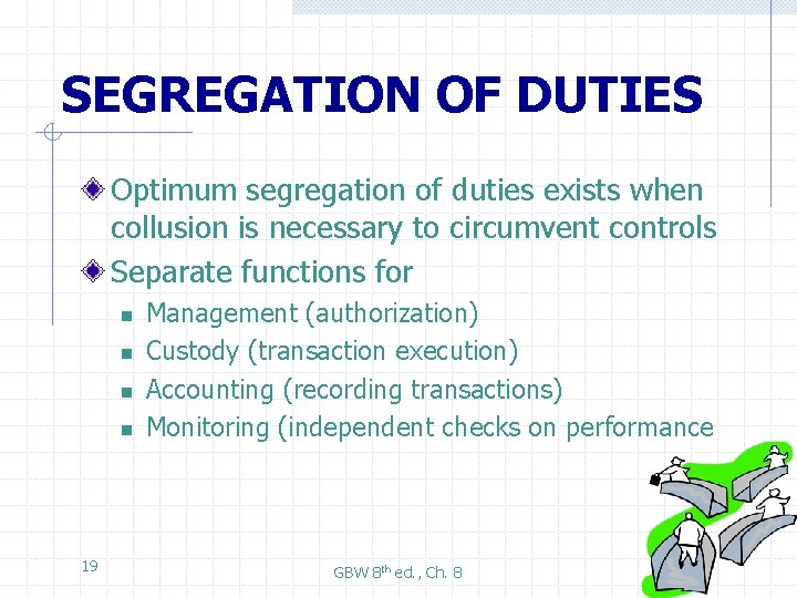 SEGREGATION OF DUTIES Optimum segregation of duties exists when collusion is necessary to circumvent