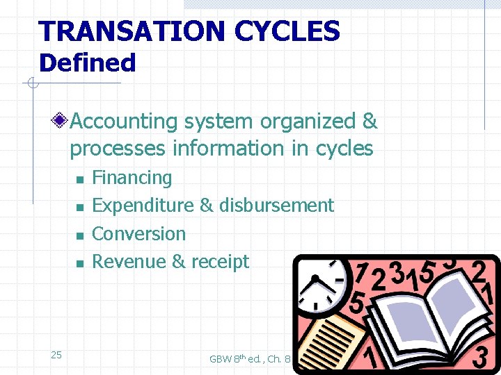 TRANSATION CYCLES Defined Accounting system organized & processes information in cycles n n 25