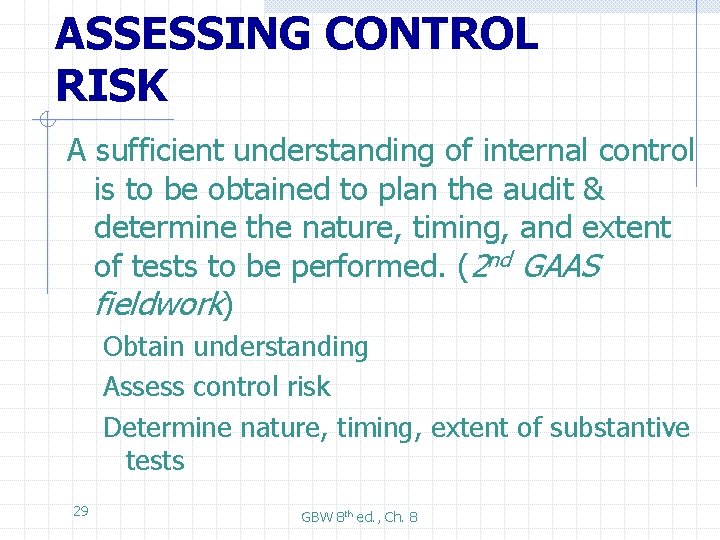ASSESSING CONTROL RISK A sufficient understanding of internal control is to be obtained to