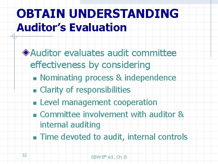 OBTAIN UNDERSTANDING Auditor’s Evaluation Auditor evaluates audit committee effectiveness by considering n n n