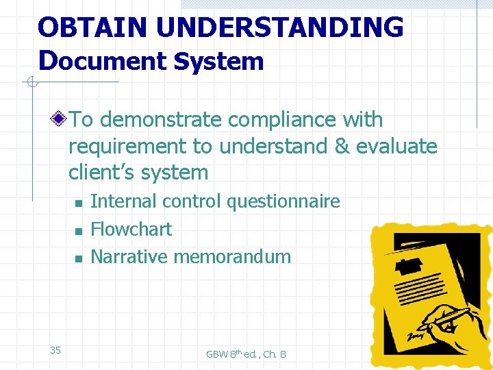 OBTAIN UNDERSTANDING Document System To demonstrate compliance with requirement to understand & evaluate client’s