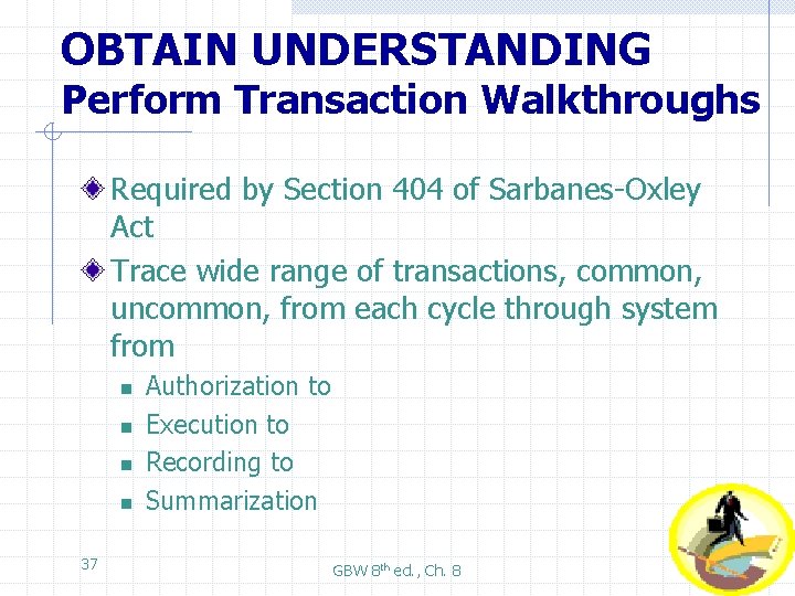 OBTAIN UNDERSTANDING Perform Transaction Walkthroughs Required by Section 404 of Sarbanes-Oxley Act Trace wide