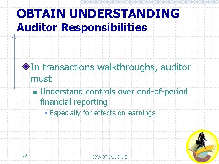 OBTAIN UNDERSTANDING Auditor Responsibilities In transactions walkthroughs, auditor must n Understand controls over end-of-period