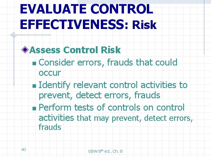 EVALUATE CONTROL EFFECTIVENESS: Risk Assess Control Risk n Consider errors, frauds that could occur