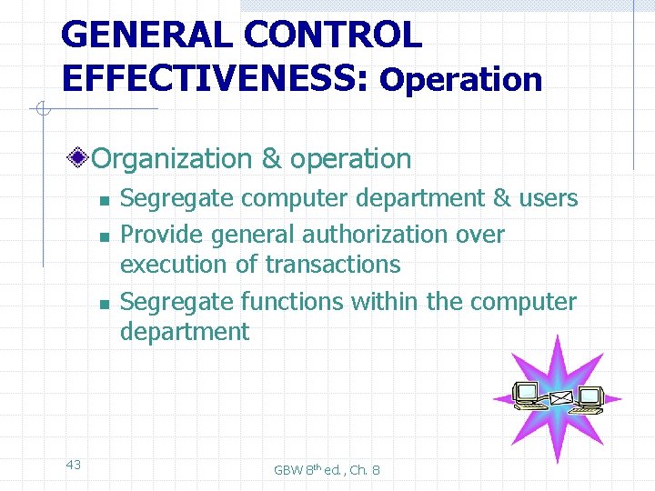 GENERAL CONTROL EFFECTIVENESS: Operation Organization & operation n 43 Segregate computer department & users