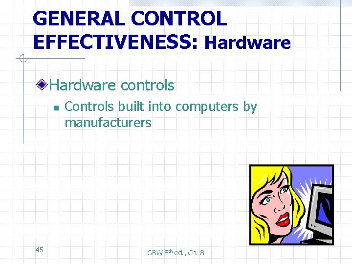 GENERAL CONTROL EFFECTIVENESS: Hardware controls n 45 Controls built into computers by manufacturers GBW