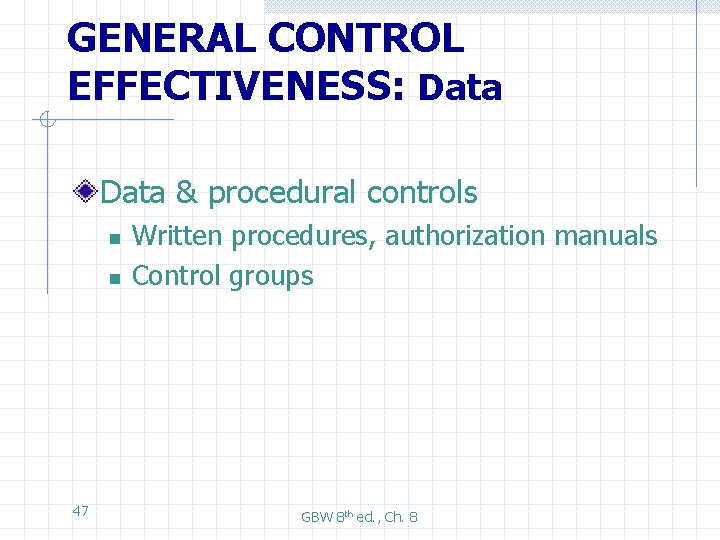 GENERAL CONTROL EFFECTIVENESS: Data & procedural controls n n 47 Written procedures, authorization manuals