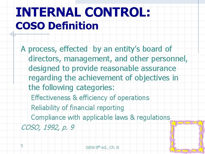 INTERNAL CONTROL: COSO Definition A process, effected by an entity’s board of directors, management,
