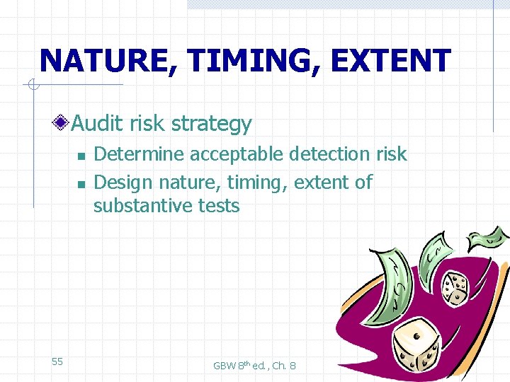 NATURE, TIMING, EXTENT Audit risk strategy n n 55 Determine acceptable detection risk Design
