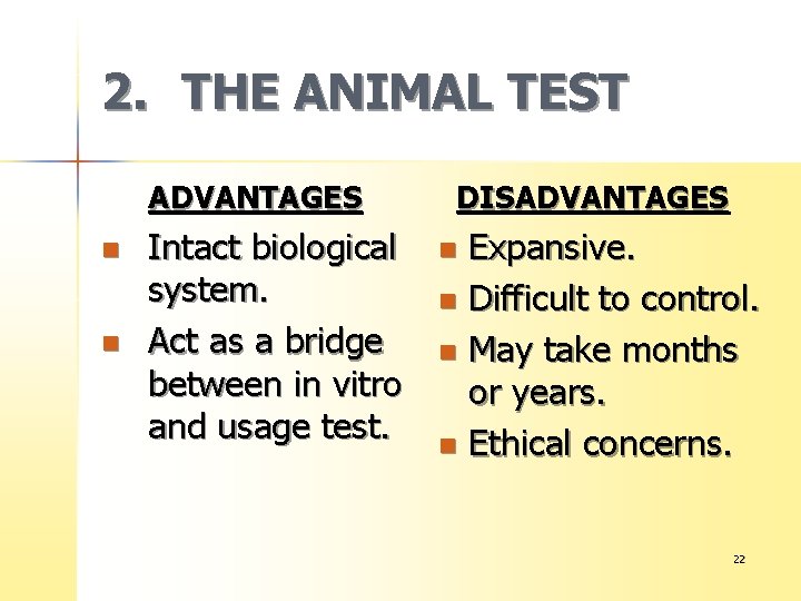 2. THE ANIMAL TEST ADVANTAGES n n Intact biological system. Act as a bridge