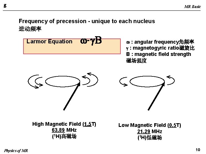 g MR Basic Frequency of precession - unique to each nucleus 进动频率 Larmor Equation