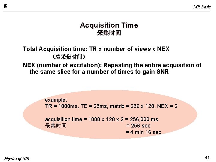 g MR Basic Acquisition Time 采集时间 Total Acquisition time: TR x number of views