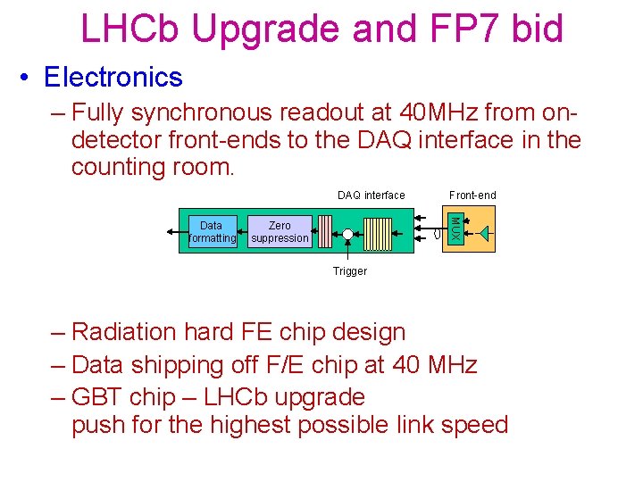 LHCb Upgrade and FP 7 bid • Electronics – Fully synchronous readout at 40