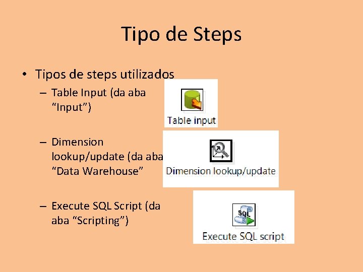 Tipo de Steps • Tipos de steps utilizados – Table Input (da aba “Input”)