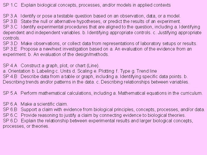 SP 1. C Explain biological concepts, processes, and/or models in applied contexts SP 3.