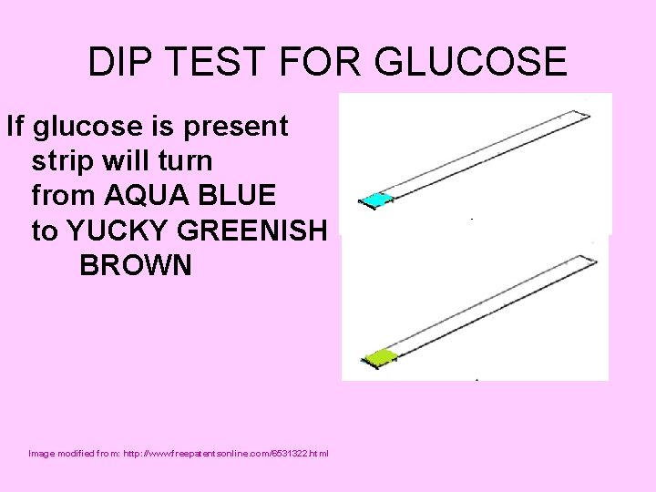 DIP TEST FOR GLUCOSE If glucose is present strip will turn from AQUA BLUE