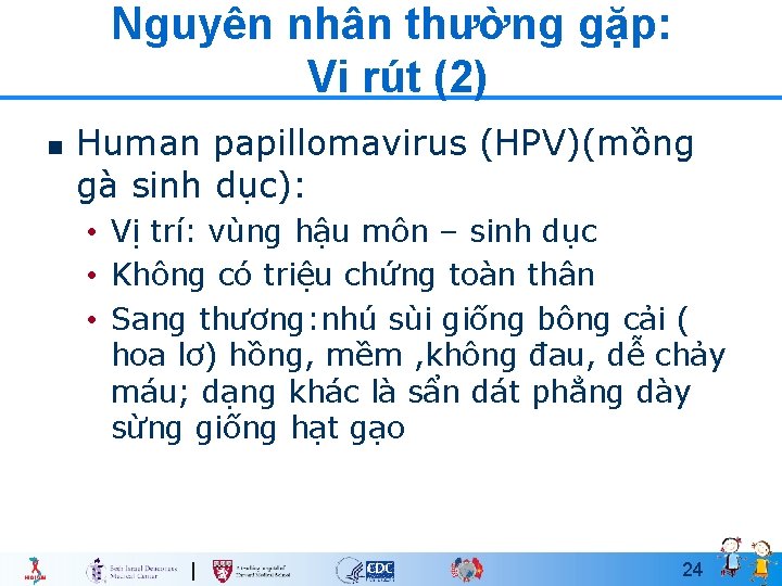 Nguyên nhân thường gặp: Vi rút (2) n Human papillomavirus (HPV)(mồng gà sinh dục):