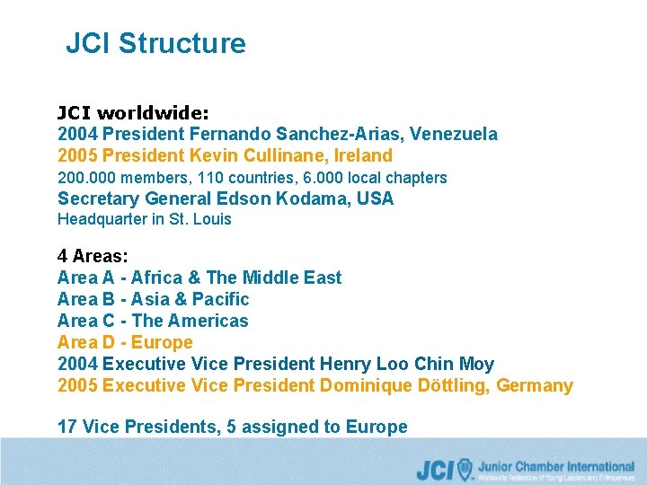 JCI Structure JCI worldwide: 2004 President Fernando Sanchez-Arias, Venezuela 2005 President Kevin Cullinane, Ireland