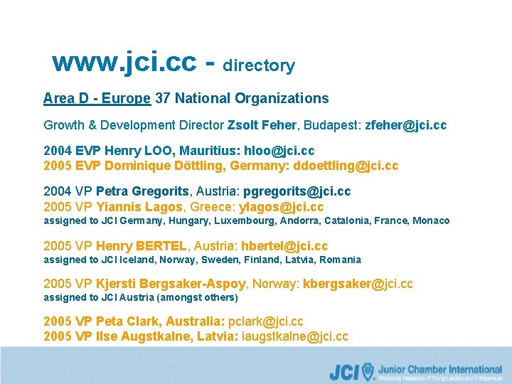 www. jci. cc - directory Area D - Europe 37 National Organizations Growth &