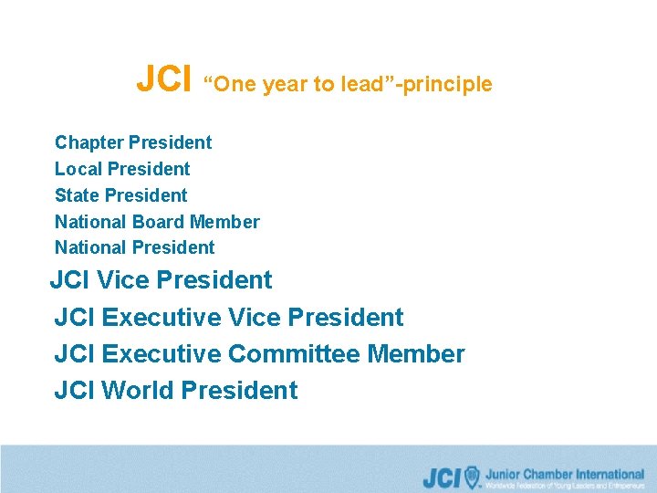 JCI “One year to lead”-principle Chapter President Local President State President National Board Member
