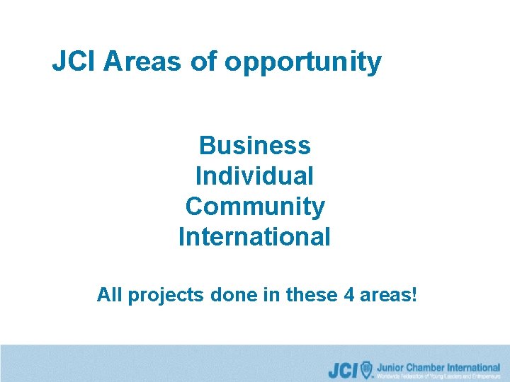 JCI Areas of opportunity Business Individual Community International All projects done in these 4