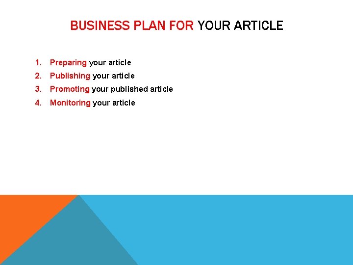 BUSINESS PLAN FOR YOUR ARTICLE 1. Preparing your article 2. Publishing your article 3.