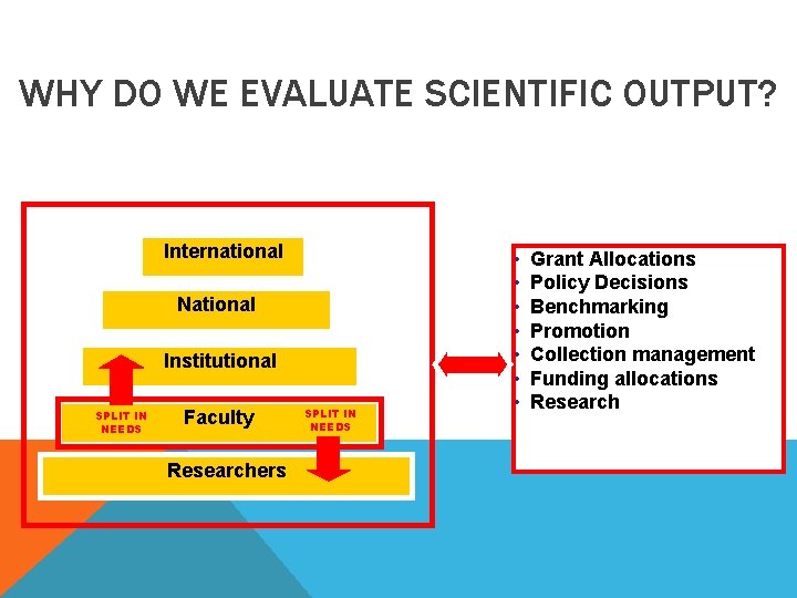 WHY DO WE EVALUATE SCIENTIFIC OUTPUT? International National Institutional SPLIT IN NEEDS Faculty Researchers