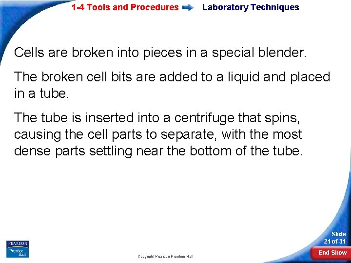 1 -4 Tools and Procedures Laboratory Techniques Cells are broken into pieces in a