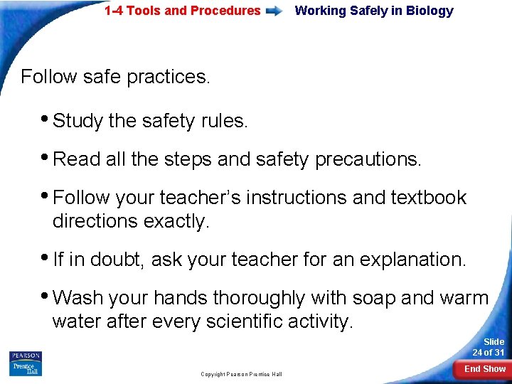 1 -4 Tools and Procedures Working Safely in Biology Follow safe practices. • Study