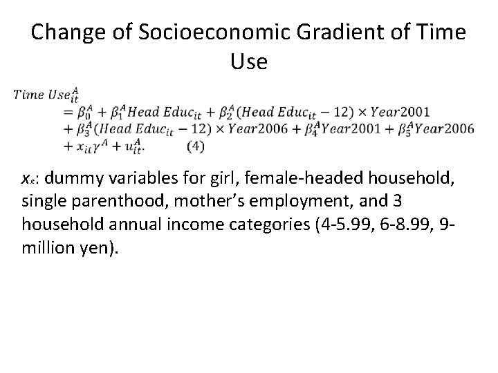 Change of Socioeconomic Gradient of Time Use x : dummy variables for girl, female-headed