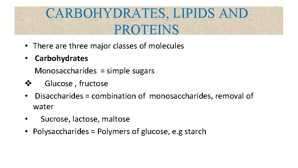 CARBOHYDRATES, LIPIDS AND PROTEINS • There are three major classes of molecules • Carbohydrates