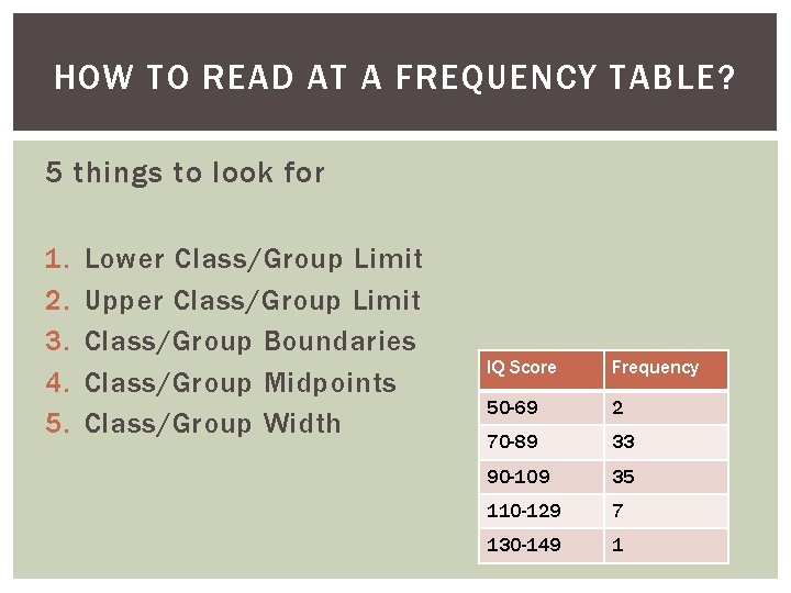 HOW TO READ AT A FREQUENCY TABLE? 5 things to look for 1. 2.
