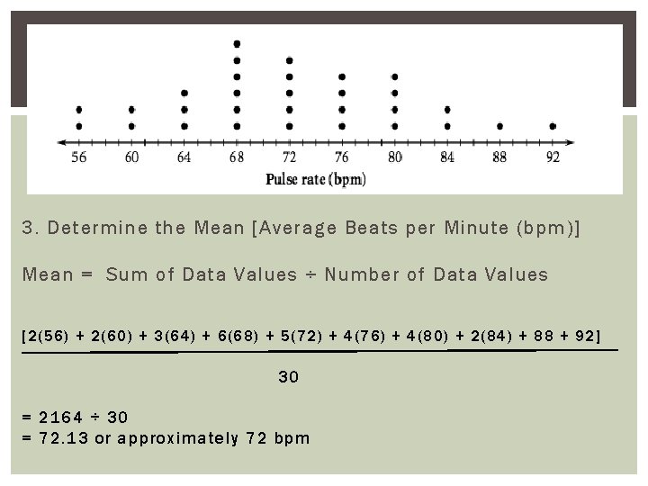 3. Determine the Mean [Average Beats per Minute (bpm)] Mean = Sum of Data