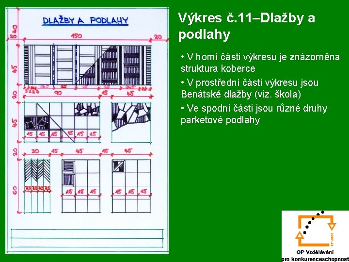 Výkres č. 11–Dlažby a podlahy • V horní části výkresu je znázorněna struktura koberce