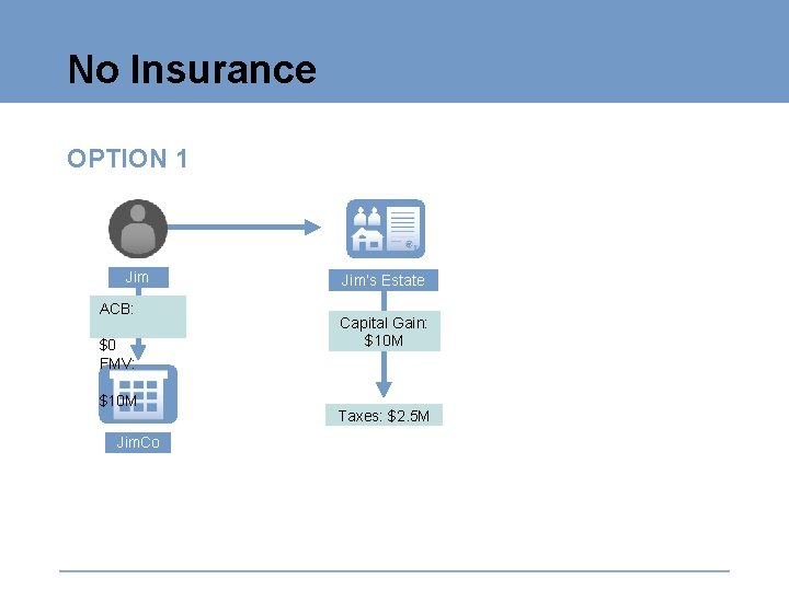 No Insurance OPTION 1 Jim ACB: $0 FMV: $10 M Jim. Co Jim’s Estate