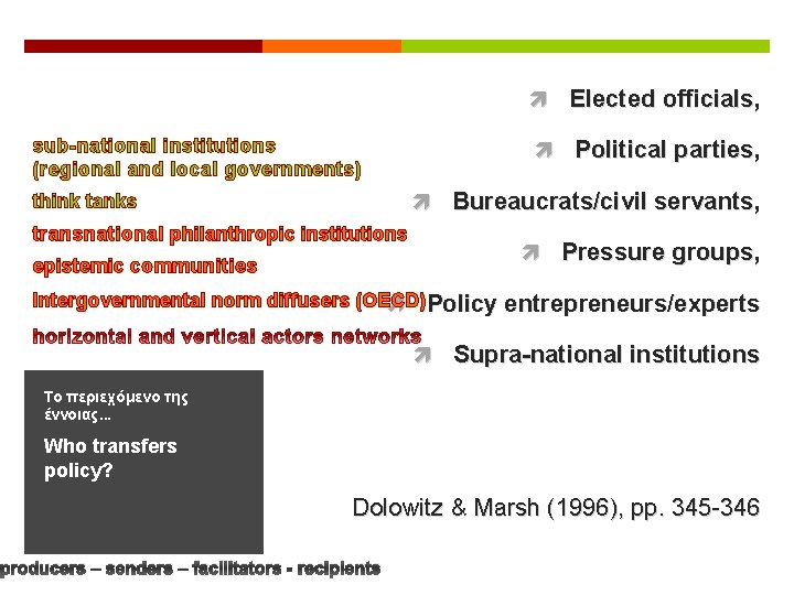  Elected officials, sub-national institutions (regional and local governments) Political parties, Bureaucrats/civil servants, think