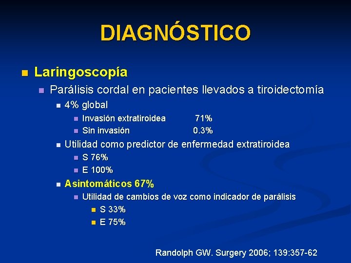 DIAGNÓSTICO n Laringoscopía n Parálisis cordal en pacientes llevados a tiroidectomía n 4% global