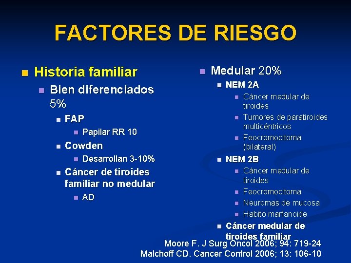 FACTORES DE RIESGO n Historia familiar n n Bien diferenciados 5% n n Papilar