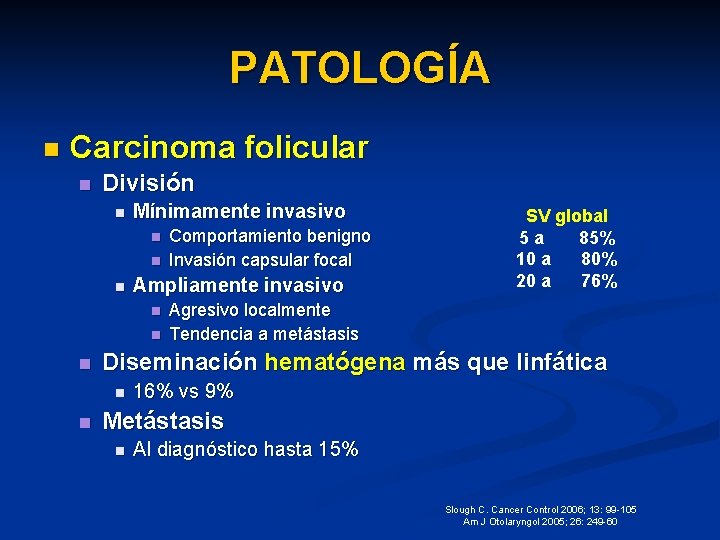 PATOLOGÍA n Carcinoma folicular n División n Mínimamente invasivo n n n Ampliamente invasivo