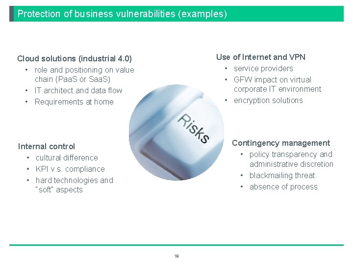 Protection of business vulnerabilities (examples) Use of Internet and VPN • service providers •