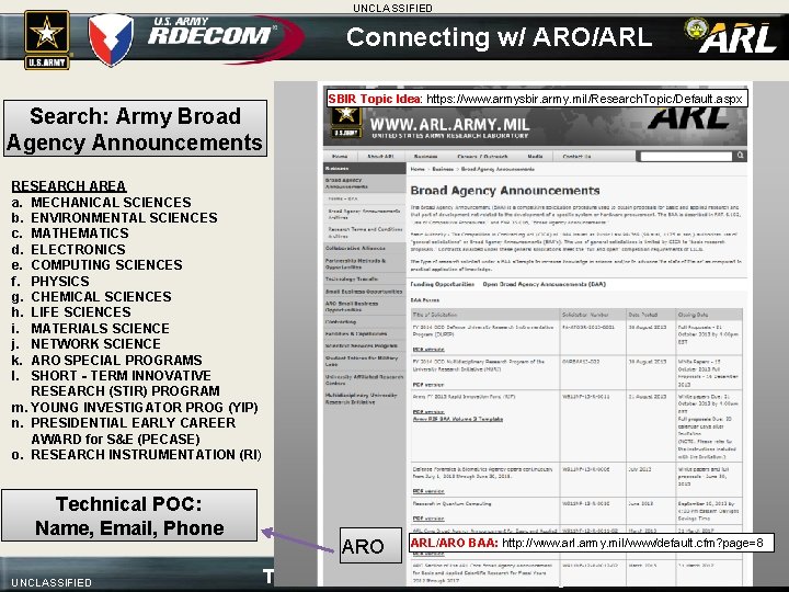 UNCLASSIFIED Connecting w/ ARO/ARL Search: Army Broad Agency Announcements SBIR Topic Idea: https: //www.