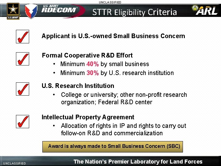 UNCLASSIFIED STTR Eligibility Criteria Applicant is U. S. -owned Small Business Concern Formal Cooperative