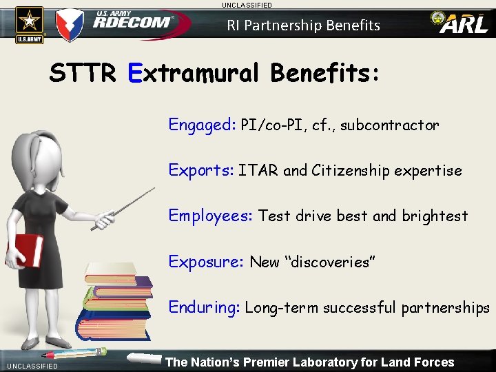 UNCLASSIFIED RI Partnership Benefits STTR Extramural Benefits: Engaged: PI/co-PI, cf. , subcontractor Exports: ITAR