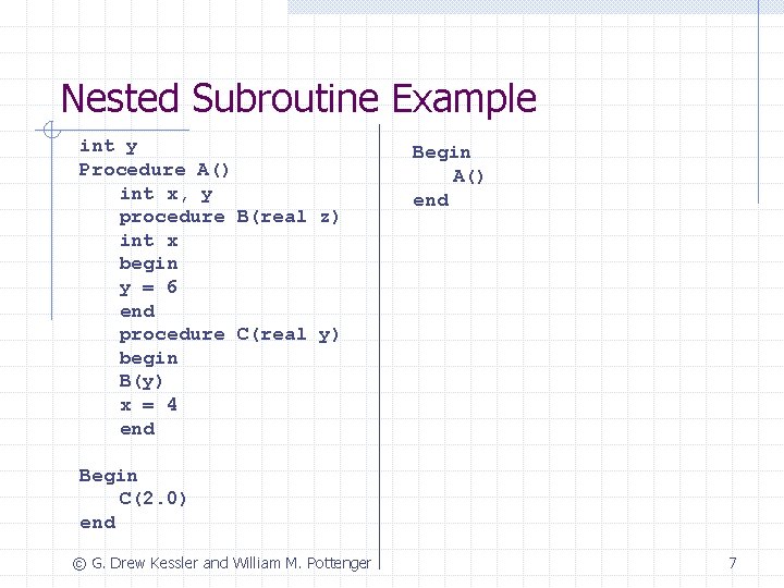 Nested Subroutine Example int y Procedure A() int x, y procedure B(real z) int