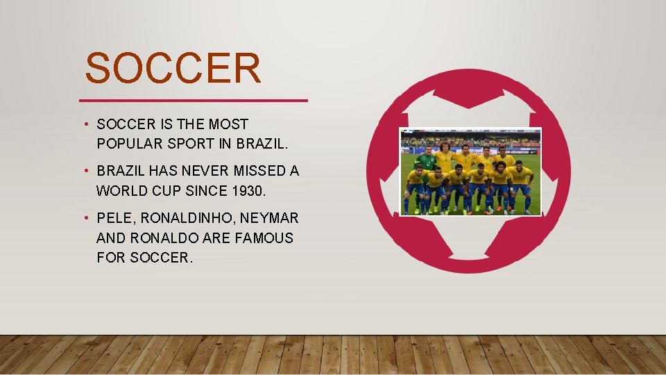 SOCCER • SOCCER IS THE MOST POPULAR SPORT IN BRAZIL. • BRAZIL HAS NEVER