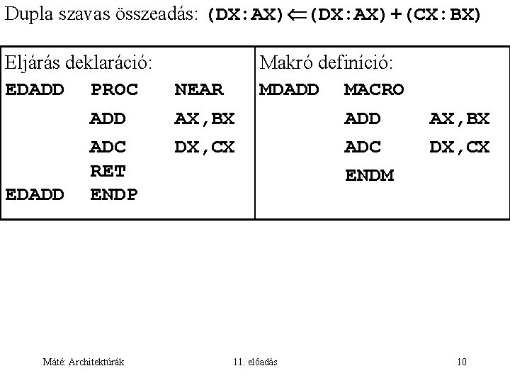 Dupla szavas összeadás: (DX: AX)+(CX: BX) Eljárás deklaráció: EDADD PROC ADD ADC RET EDADD
