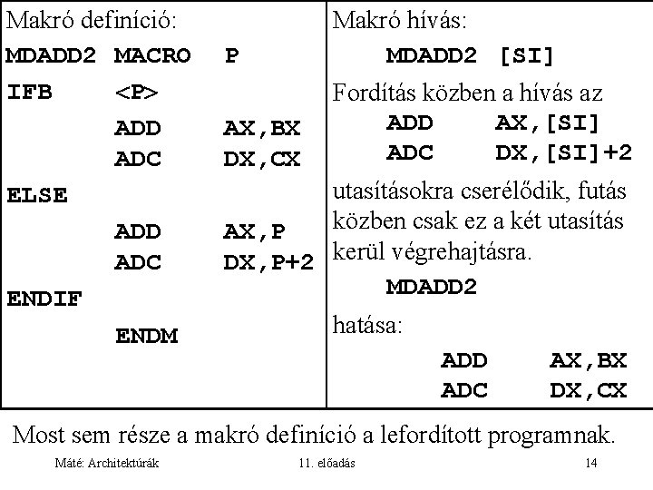 Makró definíció: MDADD 2 MACRO IFB P ADD ADC ELSE ADD ADC ENDIF ENDM