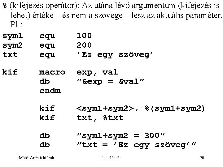 % (kifejezés operátor): Az utána lévő argumentum (kifejezés is lehet) értéke – és nem