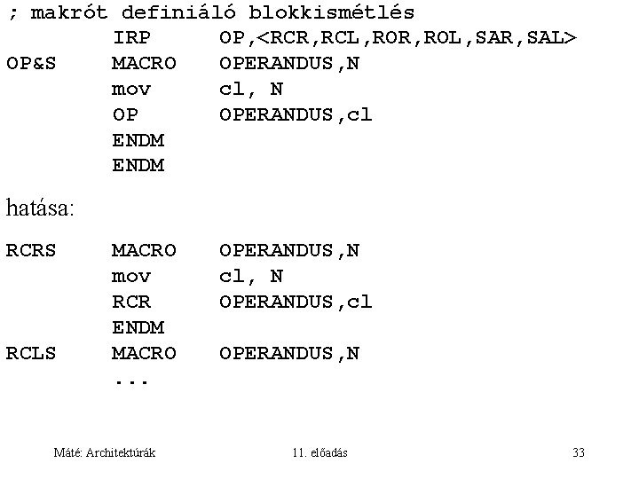 ; makrót definiáló blokkismétlés IRP OP, <RCR, RCL, ROR, ROL, SAR, SAL> OP&S MACRO